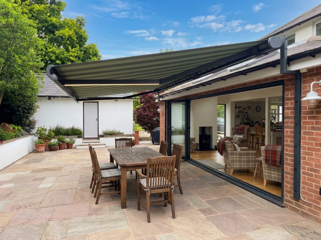 Rear house extension awning installation with restricted height and bifold doors, utilising a bungalow bracket to overcome height limitations and maximise shading projection. Full cassette retractable awning with integrated LED arm lighting, anthracite grey frame.