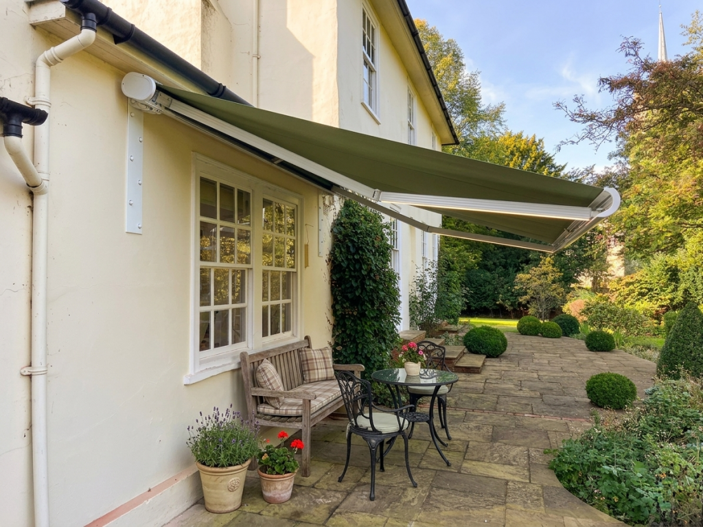 Full cassette retractable awning installation above a window, reducing heat gain and keeping indoor spaces cool, while creating a shaded outdoor seating area. Reinforced with spreader plate brackets to evenly distribute load for a secure, durable installation.