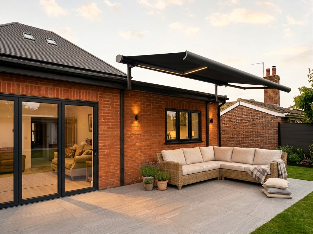 Rear house extension awning installation with limited height, using a bungalow bracket to achieve optimal shading projection. Full cassette retractable awning with integrated LED lighting in the arms, anthracite grey frame.