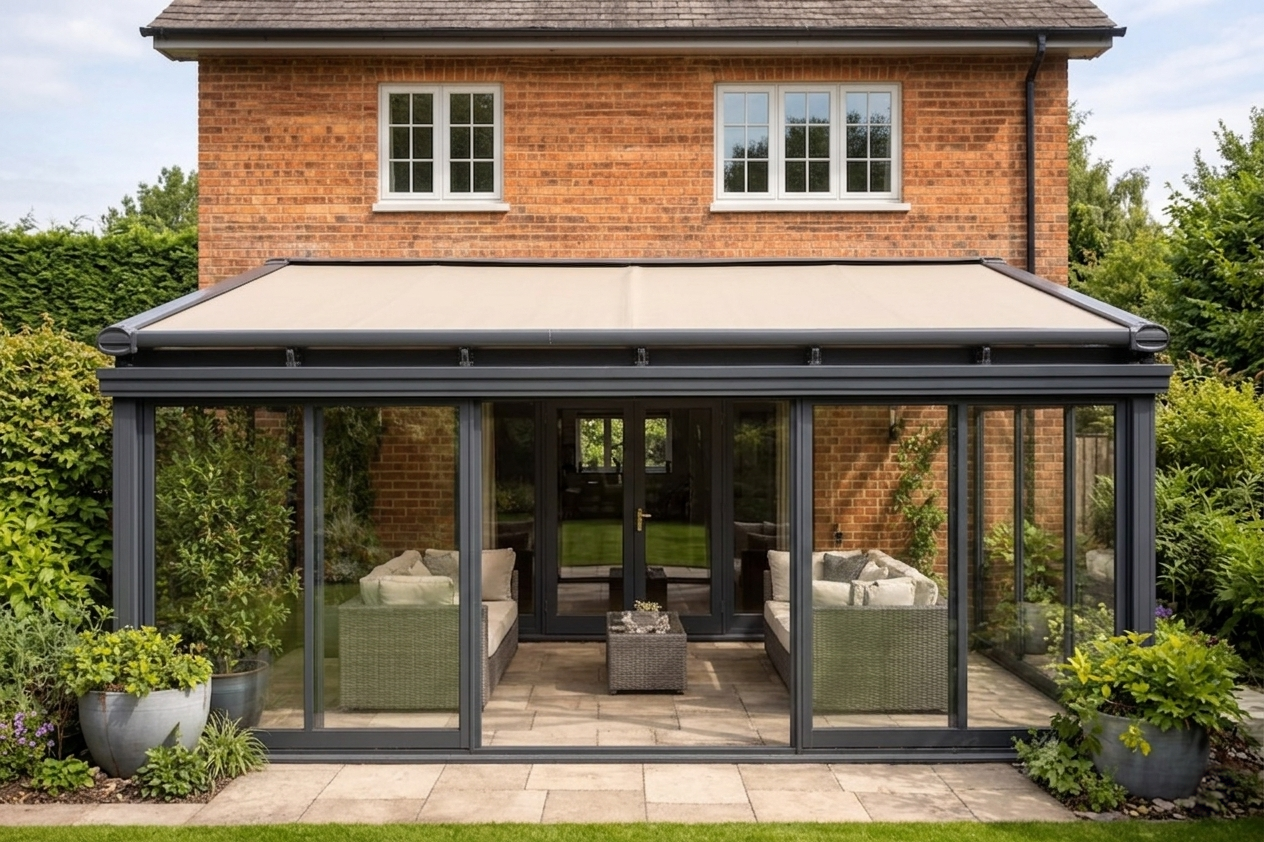 Roof-mounted awning over glass veranda with anthracite grey frame shading patio seating area