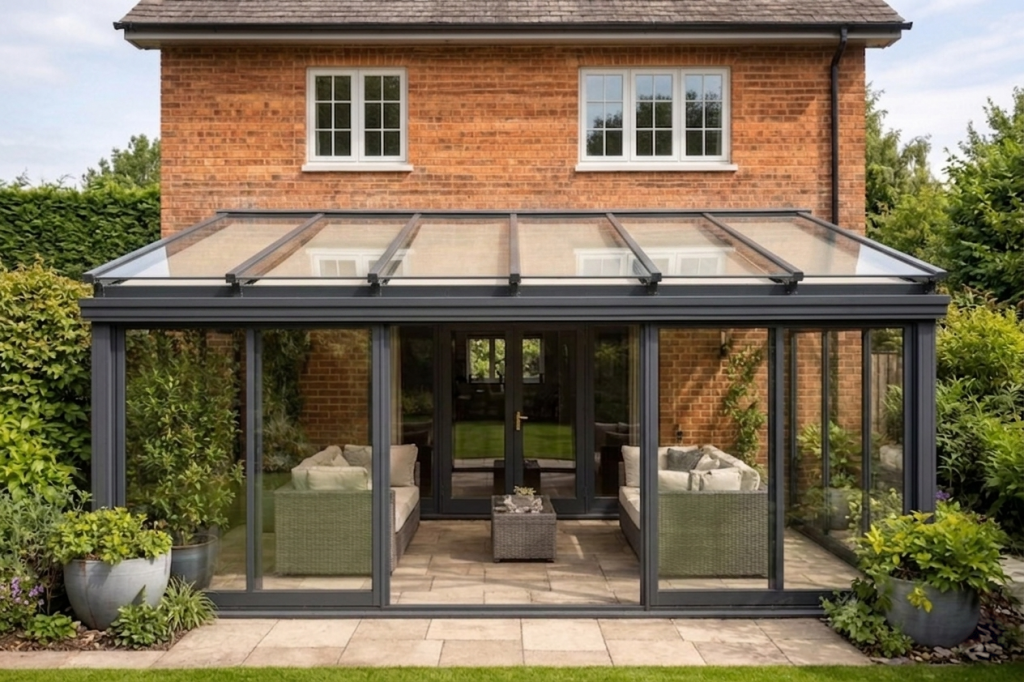 Roof-mounted awning under glass veranda with anthracite grey frame shading patio seating area