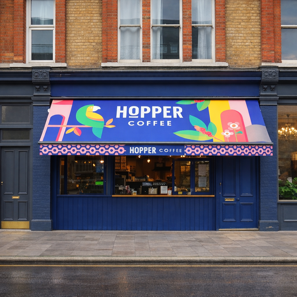 A straight, centered view of Hopper Coffee, featuring a vibrant blue storefront and a colorful awning with a parrot illustration. The sidewalk is clear of people and vehicles.