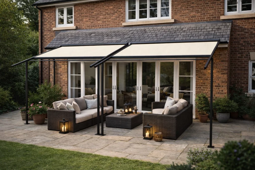 Free-standing awning with anthracite grey frame shading patio seating area