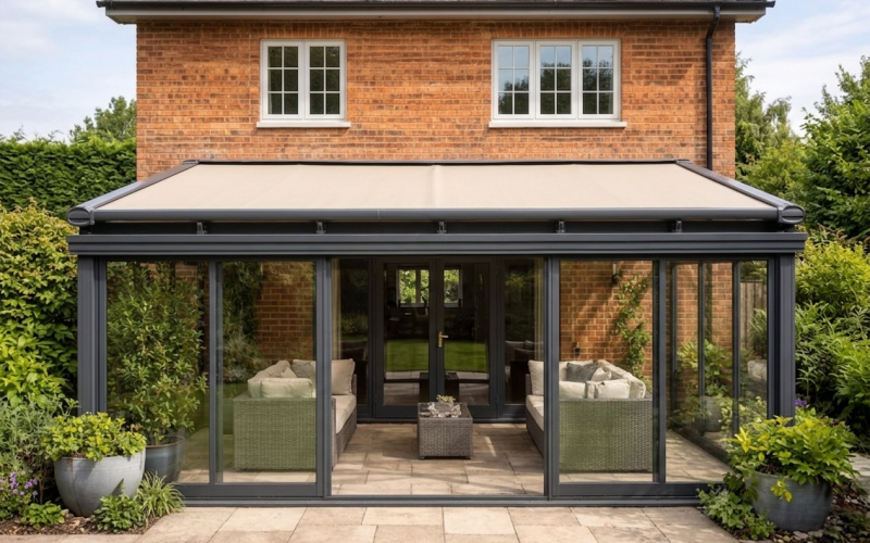 Roof-mounted awning over glass veranda with anthracite grey frame shading patio seating area